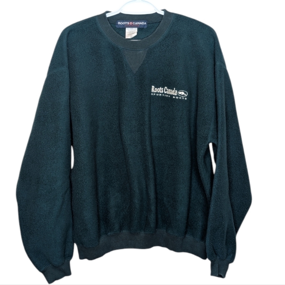 Vintage 80s Roots Canada Athletics Green Sherpa Embroidered Logo Crew Mens Small
